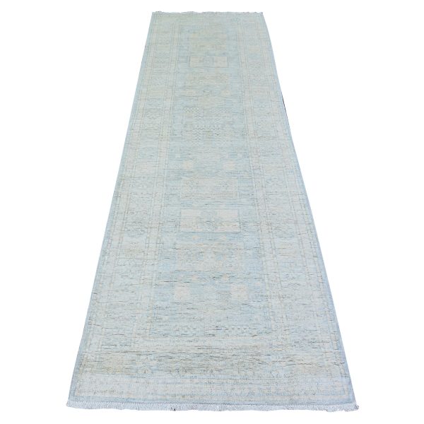3'x9'10" Glaucous Gray with White Dove, Natural Dyes, Washed Out Peshawar with Faded Colors, 100% Wool, Hand Knotted, Runner Oriental Rug HR74963
