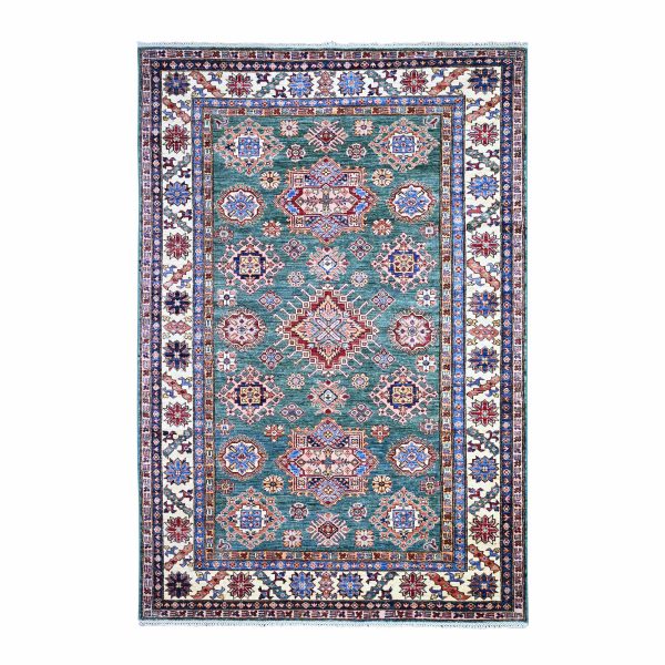 6'x8'9" Myrtle Green, 100% Wool, Vegetable Dyes, Afghan Super Kazak with All Over Medallions, Hand Knotted, Oriental Rug HR74978