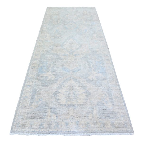 4'x9'9" Cloud Gray, Hand Knotted, Washed Out Peshawar with Faded Designs, Vegetable Dyes, Organic and Soft Wool, Runner Oriental Rug HR74983