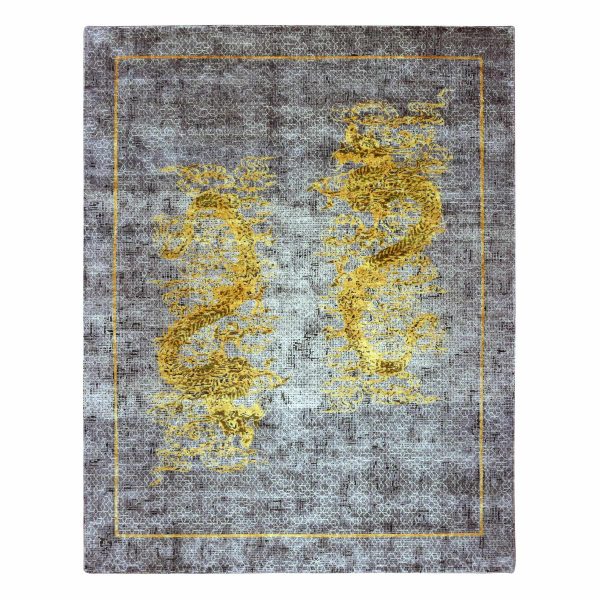 8'x10'3" Battleship Gray, The Golden Dragons, Chinese Qing Dynasty Inspired, Pure Wool and Silk, Cropped Thin, Hand Knotted, Oriental Rug HR75315