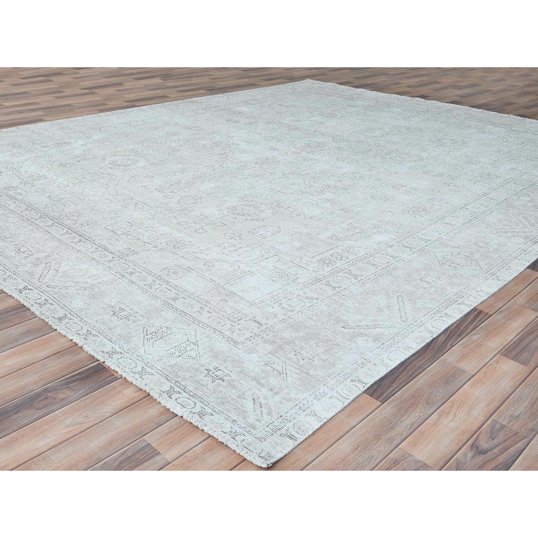 9'6"x12'7" Ivory, Vintage Persian Tabriz Cropped Thin Distressed Look, Shabby Chic Worn Wool Hand Knotted, Oriental Rug HR81678 - Image 4