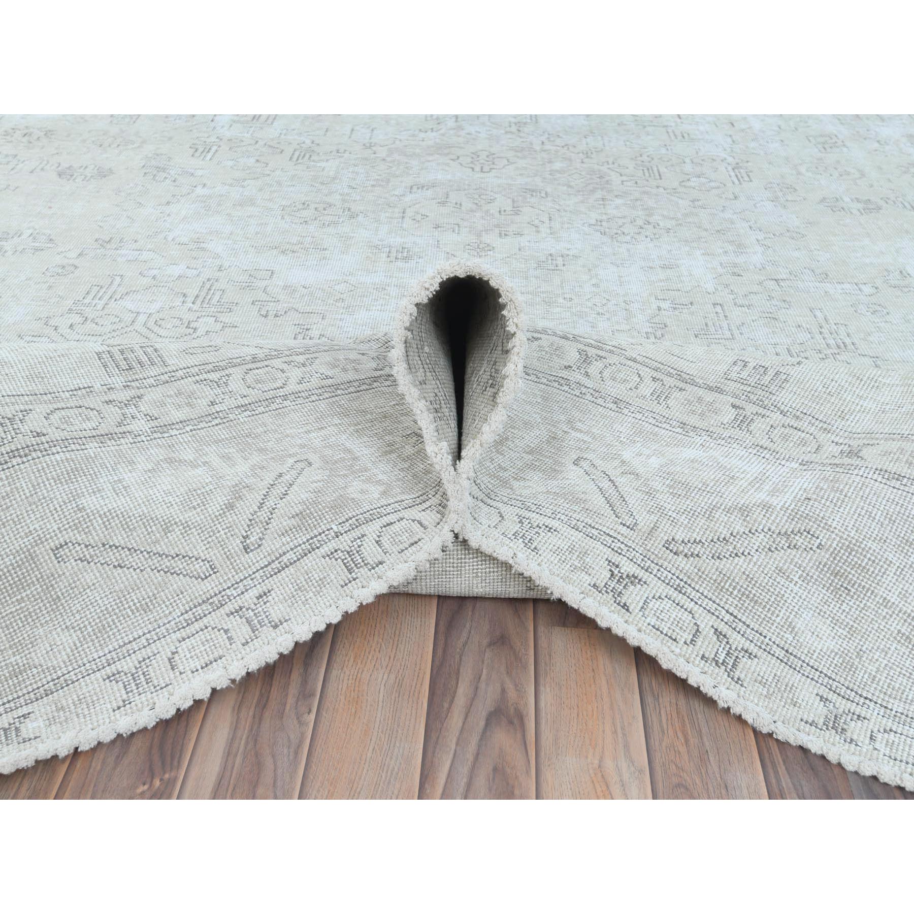 9'6"x12'7" Ivory, Vintage Persian Tabriz Cropped Thin Distressed Look, Shabby Chic Worn Wool Hand Knotted, Oriental Rug HR81678 - Image 6