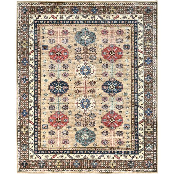 8'x9'9" Wheat Color, Dense Weave Soft Wool, Hand Knotted Afghan Super Kazak with Geometric Design, Vegetable Dyes, Oriental Rug HR82277