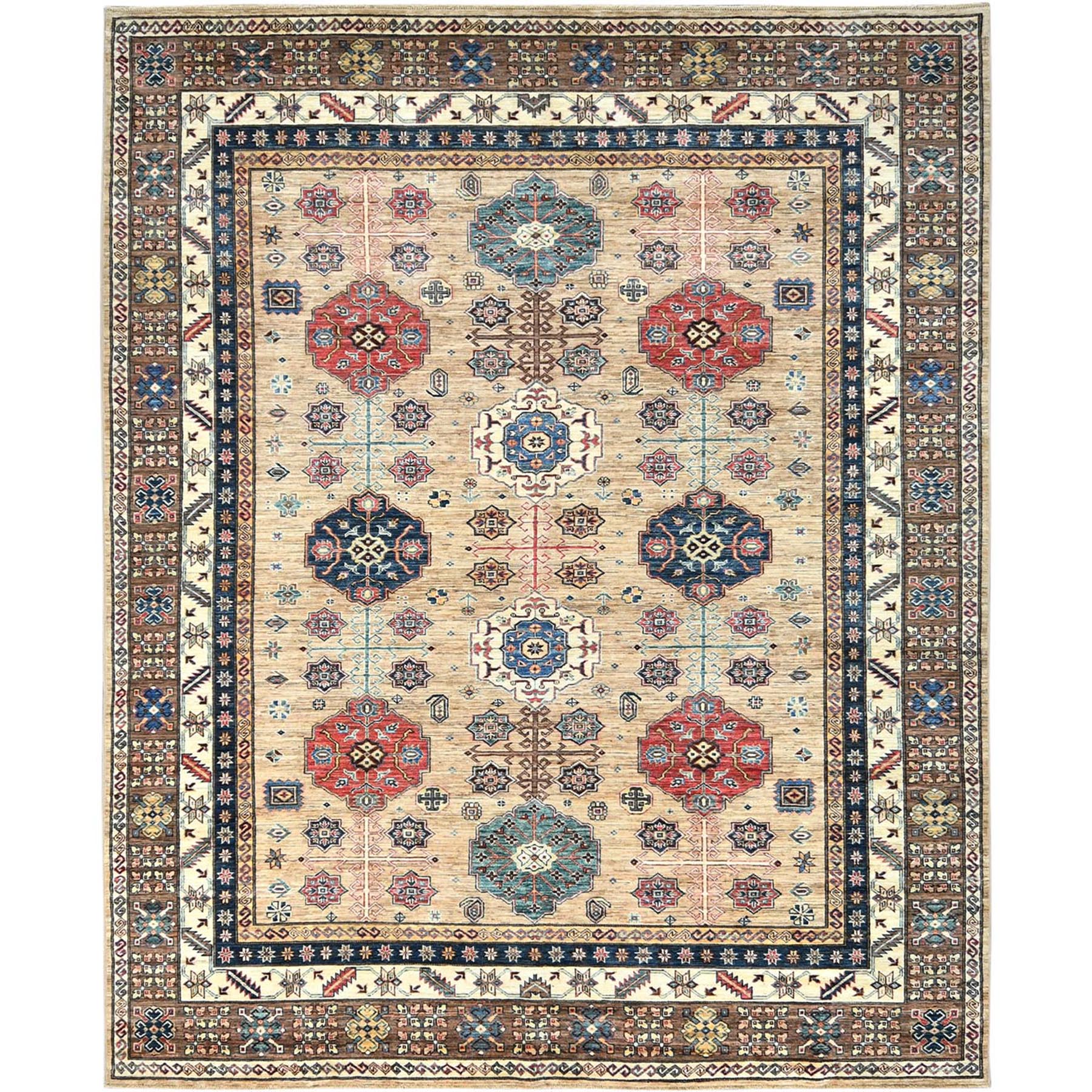 8'x9'9" Wheat Color, Dense Weave Soft Wool, Hand Knotted Afghan Super Kazak with Geometric Design, Vegetable Dyes, Oriental Rug HR82277