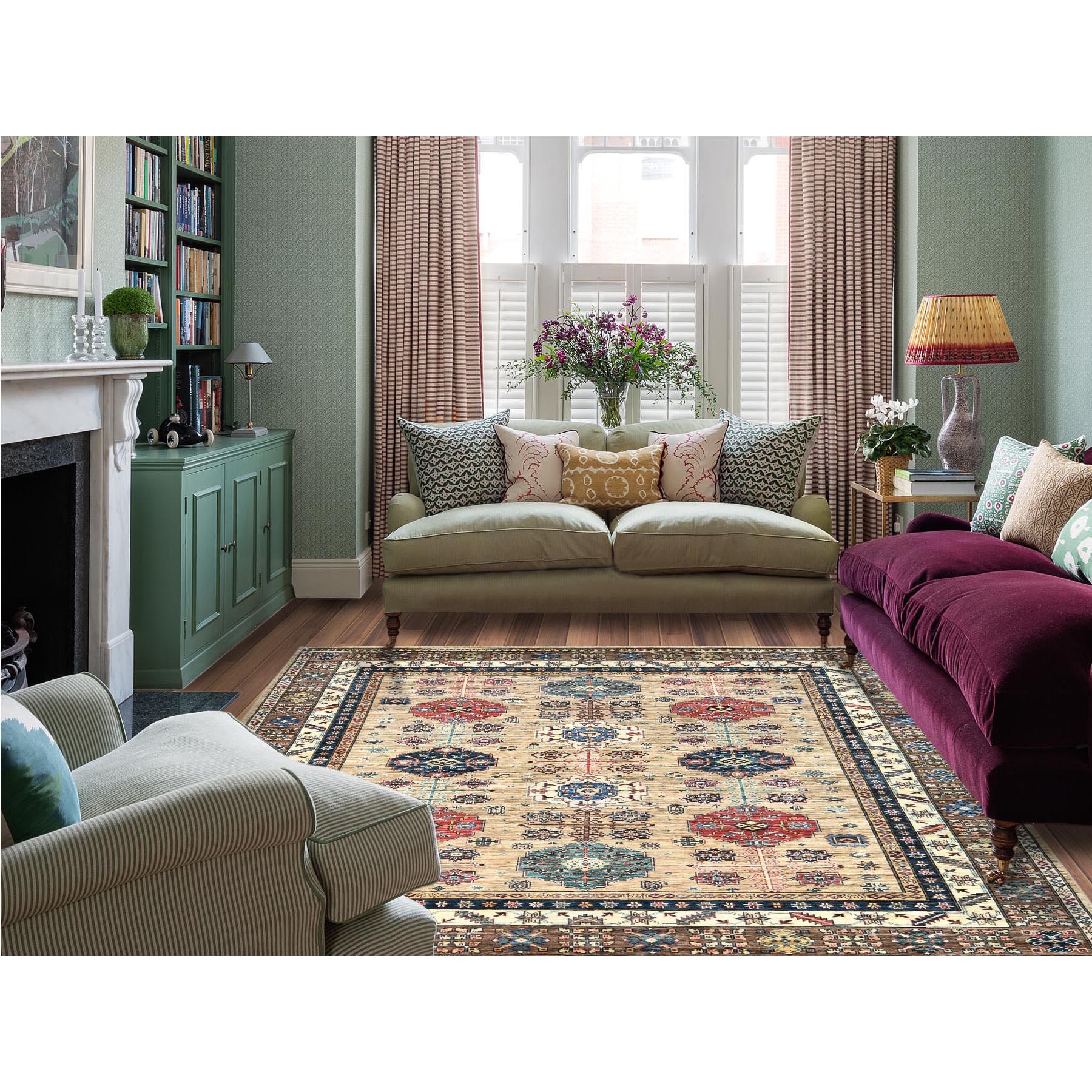 8'x9'9" Wheat Color, Dense Weave Soft Wool, Hand Knotted Afghan Super Kazak with Geometric Design, Vegetable Dyes, Oriental Rug HR82277 - Image 2
