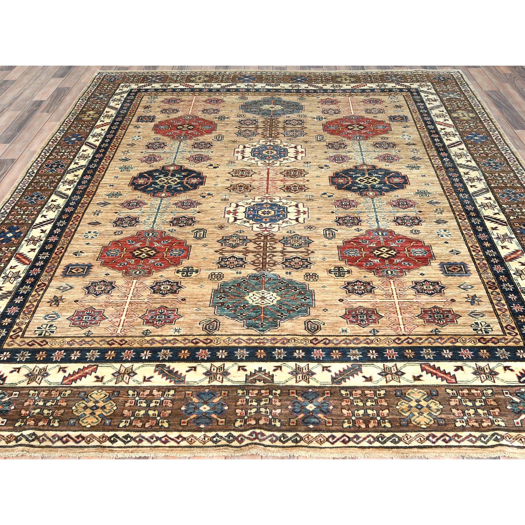 8'x9'9" Wheat Color, Dense Weave Soft Wool, Hand Knotted Afghan Super Kazak with Geometric Design, Vegetable Dyes, Oriental Rug HR82277 - Image 3