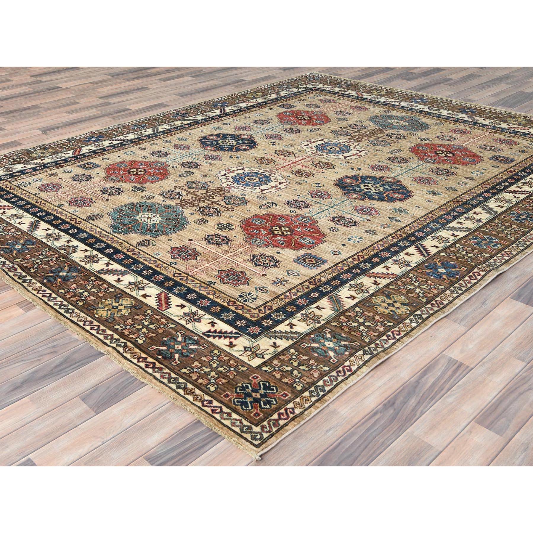 8'x9'9" Wheat Color, Dense Weave Soft Wool, Hand Knotted Afghan Super Kazak with Geometric Design, Vegetable Dyes, Oriental Rug HR82277 - Image 4