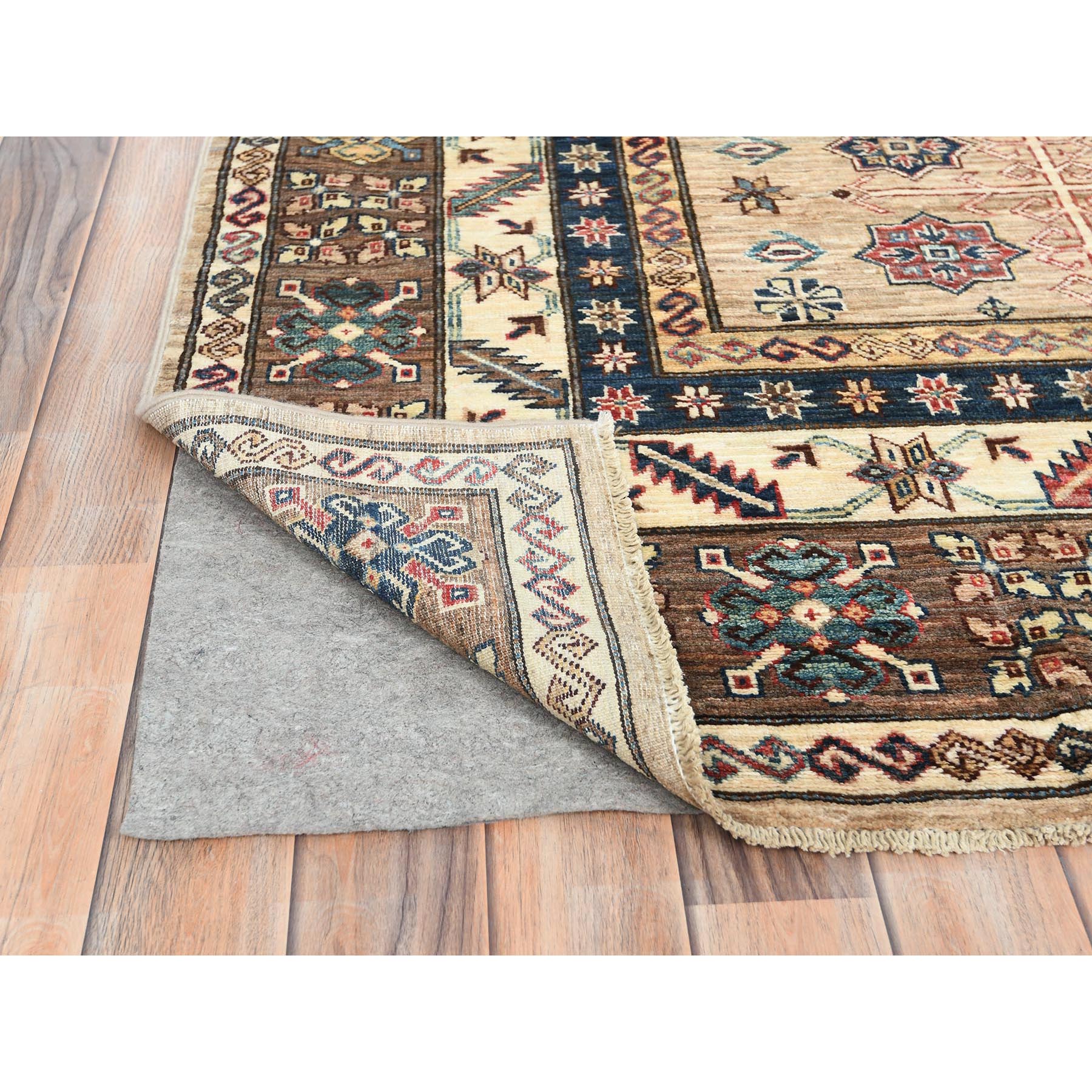 8'x9'9" Wheat Color, Dense Weave Soft Wool, Hand Knotted Afghan Super Kazak with Geometric Design, Vegetable Dyes, Oriental Rug HR82277 - Image 5