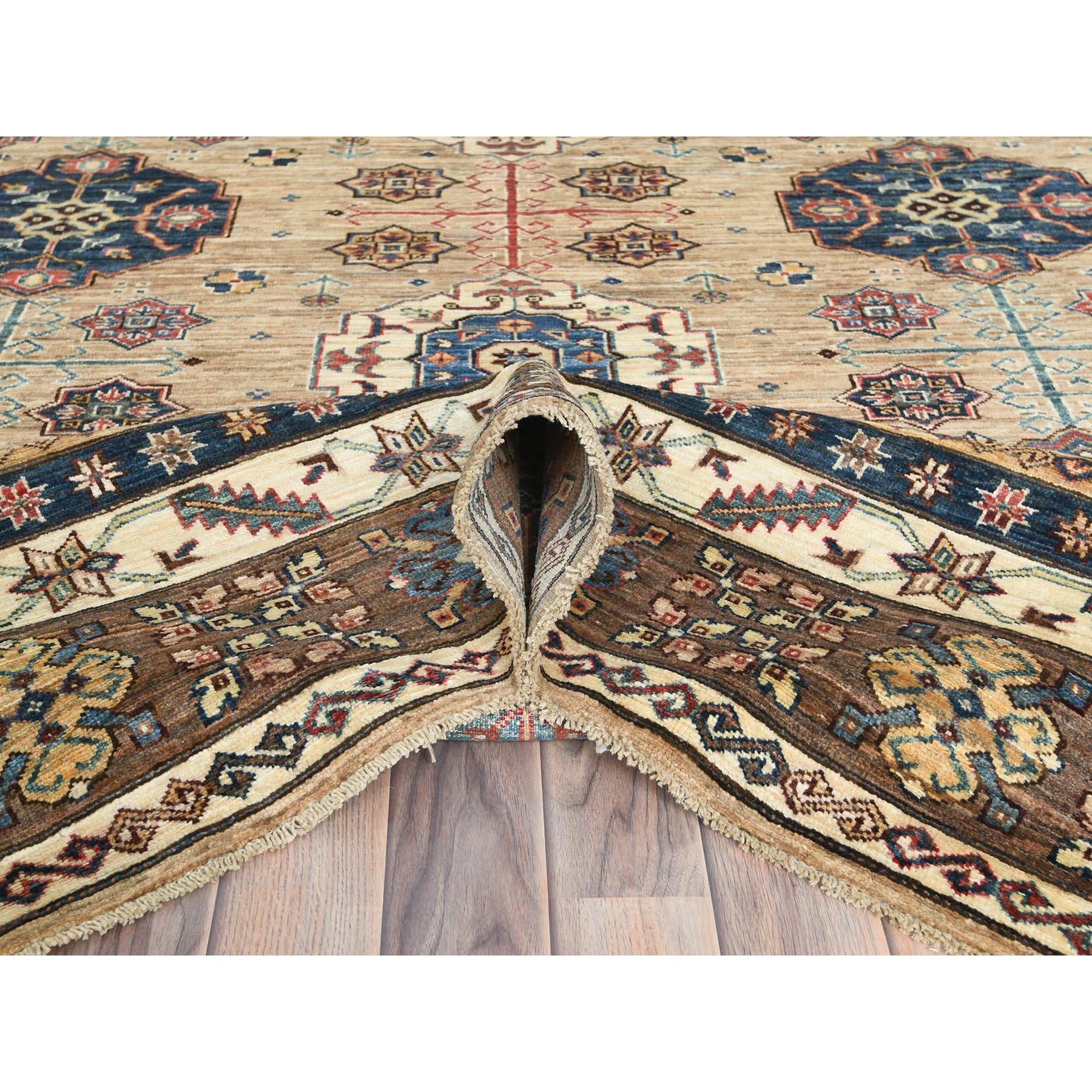 8'x9'9" Wheat Color, Dense Weave Soft Wool, Hand Knotted Afghan Super Kazak with Geometric Design, Vegetable Dyes, Oriental Rug HR82277 - Image 6
