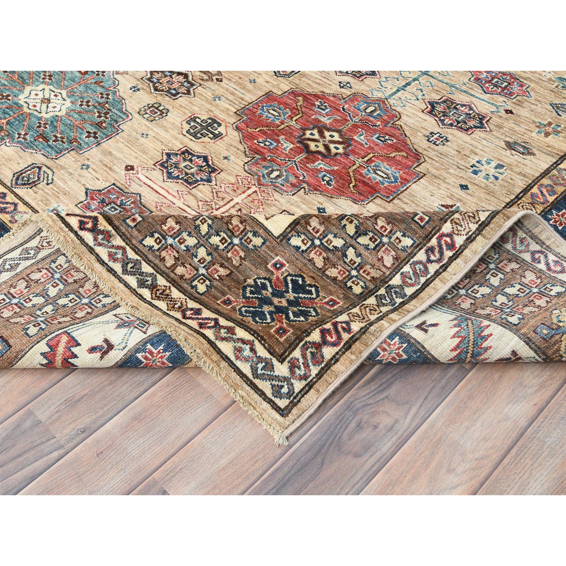 8'x9'9" Wheat Color, Dense Weave Soft Wool, Hand Knotted Afghan Super Kazak with Geometric Design, Vegetable Dyes, Oriental Rug HR82277 - Image 7