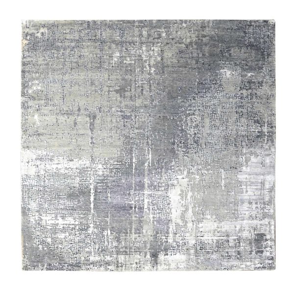 8'1"x7'9" Nevada Gray, Abstract with Mosaic Design, Wool and Silk, Hand Knotted, Vegetable Dyes, Persian Knot, Dense Weave, Square Oriental Rug HR84589