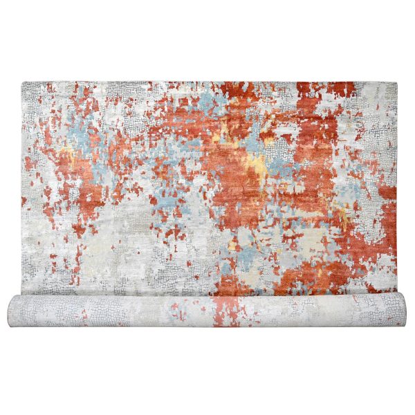 12'x17'10" Gainsboro with Rust Red, Abstract With Fire Mosaic Design, Hand Knotted, Persian Knot, Wool And Silk, Oversized Oriental Rug HR84591