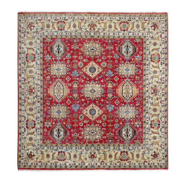 8'x8' Fire Brick Red and Buttery Brown, Hand Knotted, Pure Wool, Karajeh Design, Square, Soft to the Touch Pile, Oriental Rug HR84593