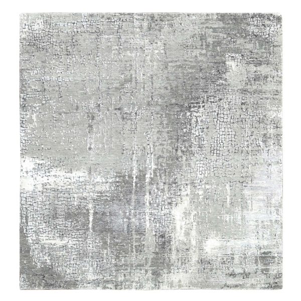5'10"x5'9" Stone Eagle and Lava Gray, Densely Woven, Persian Knot, Abstract with Mosaic Design, Wool and Silk, Hand Knotted, Square Oriental Rug HR84605