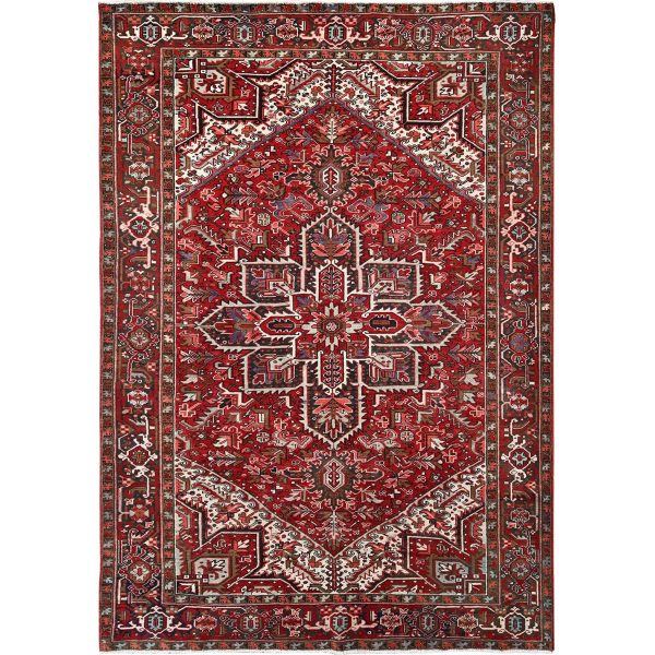 7'9"x10'10" Ajax Red, Pure Wool, Hand Knotted, Vintage Bohemian Persian Heriz, Large Geometric Medallion, Good Condition, Rustic Look, Sides and Ends Professionally Secured, Cleaned, Oriental Rug HR85339