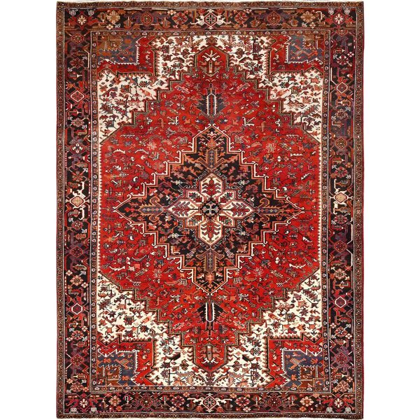 8'3"x10'10" Chili Red with Ivory Corners, Rustic Feel, Pure Wool, Hand Knotted, Semi Antique Bohemian Persian Heriz, Good Condition, Sides and Ends Professionally Secured, Cleaned, Oriental Rug HR85385