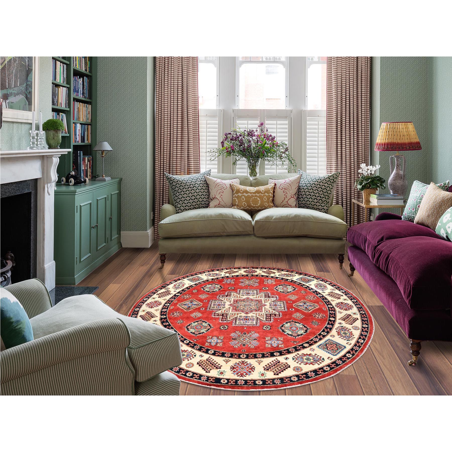 8'x8' Crimson Red, Special Kazak with Geometric Medallions, Natural Dyes, Pure Wool, Hand Knotted, Round Oriental Rug HR85420 - Image 2