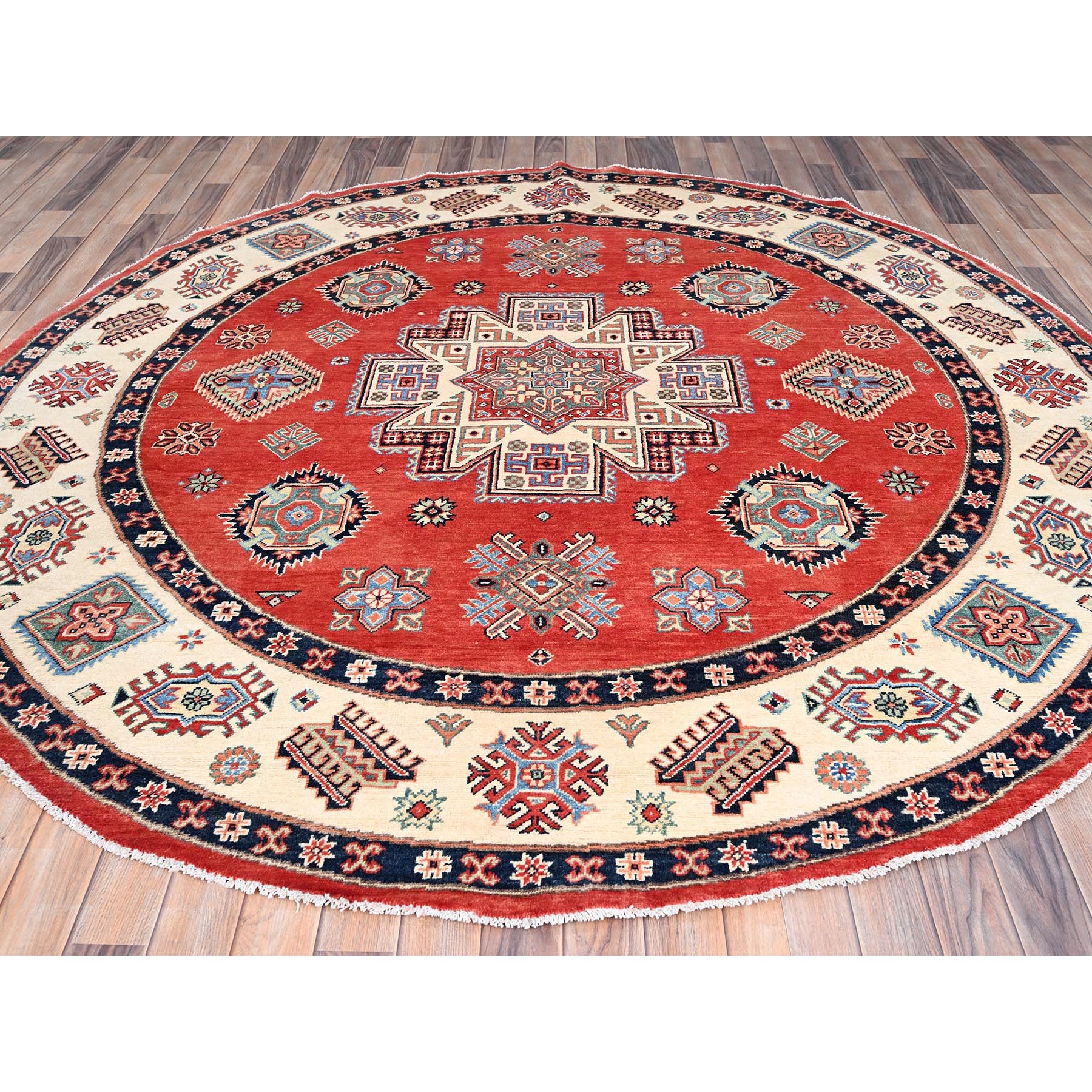 8'x8' Crimson Red, Special Kazak with Geometric Medallions, Natural Dyes, Pure Wool, Hand Knotted, Round Oriental Rug HR85420 - Image 3