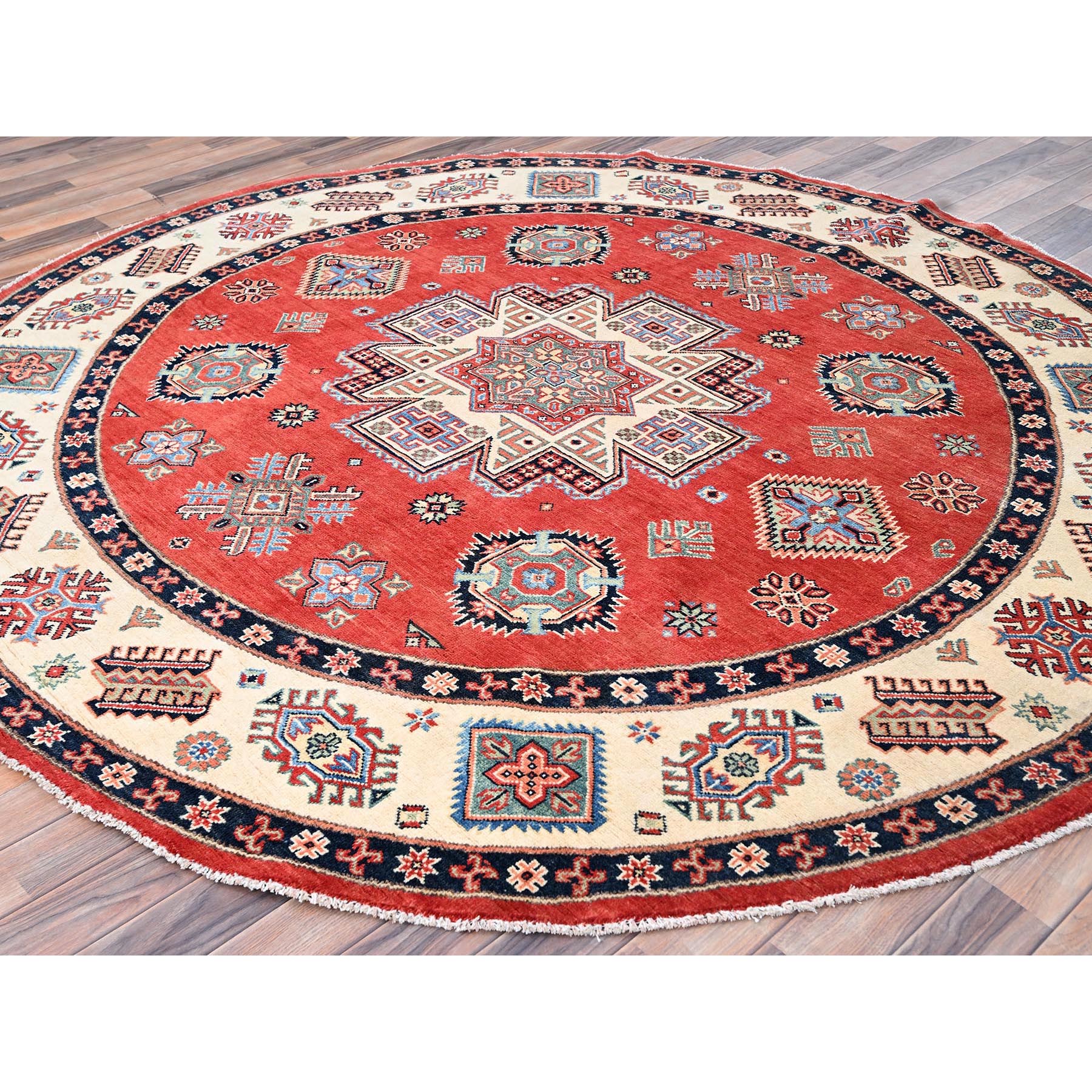 8'x8' Crimson Red, Special Kazak with Geometric Medallions, Natural Dyes, Pure Wool, Hand Knotted, Round Oriental Rug HR85420 - Image 4