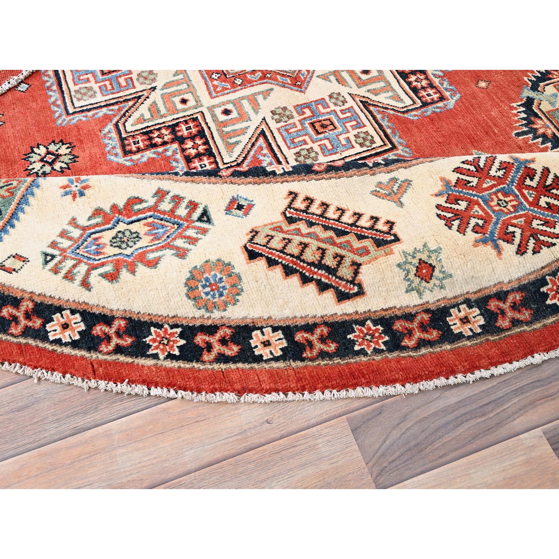 8'x8' Crimson Red, Special Kazak with Geometric Medallions, Natural Dyes, Pure Wool, Hand Knotted, Round Oriental Rug HR85420 - Image 5