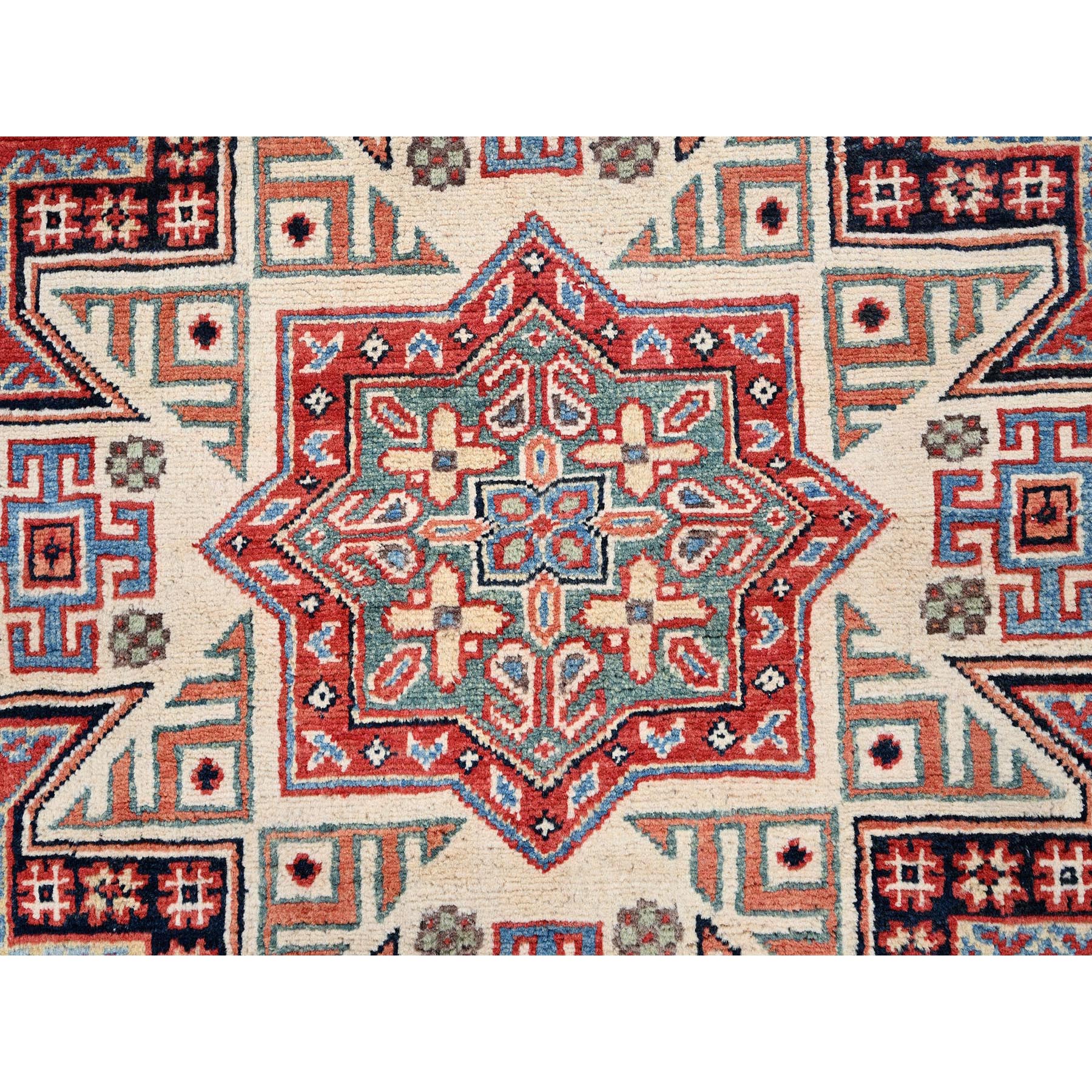 8'x8' Crimson Red, Special Kazak with Geometric Medallions, Natural Dyes, Pure Wool, Hand Knotted, Round Oriental Rug HR85420 - Image 8