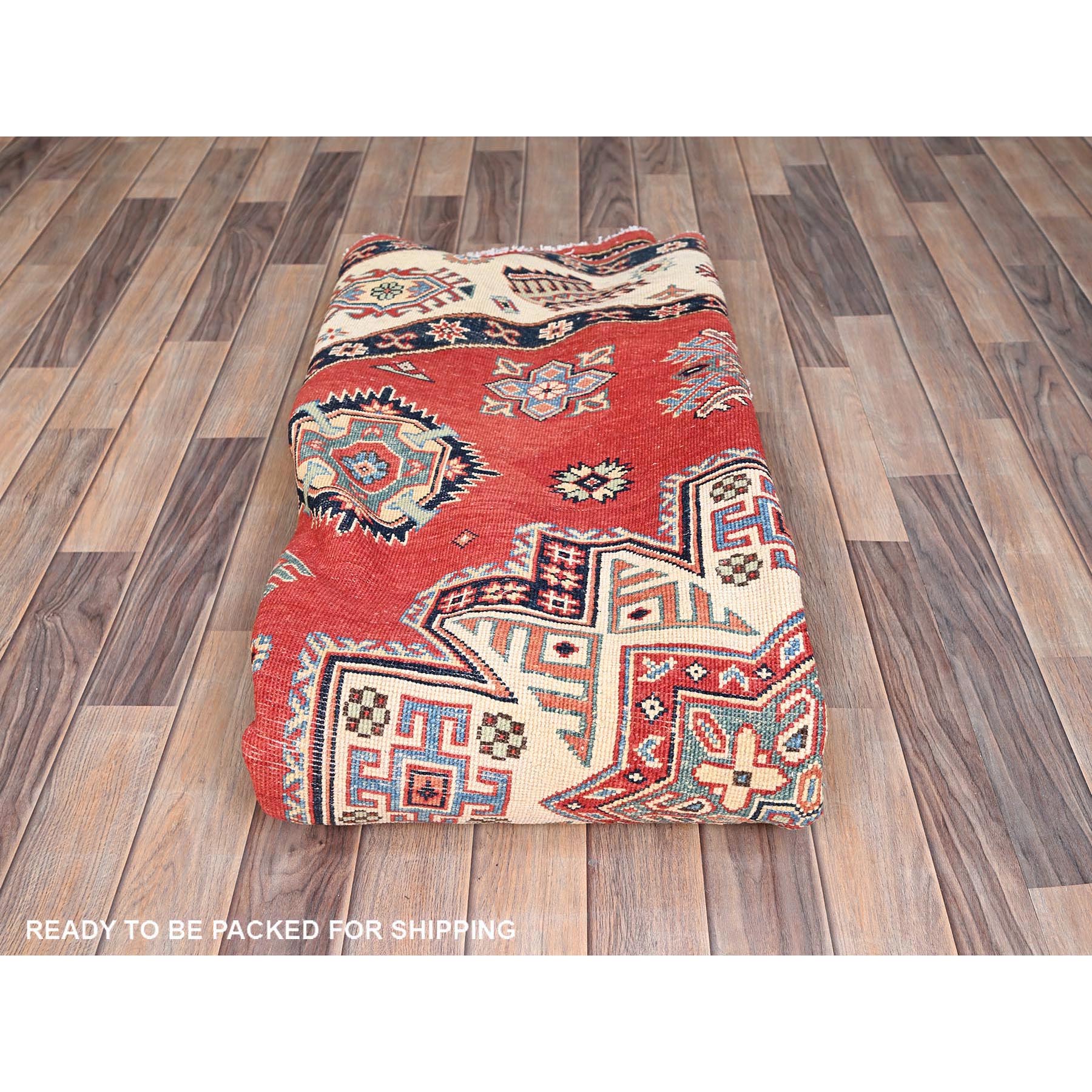 8'x8' Crimson Red, Special Kazak with Geometric Medallions, Natural Dyes, Pure Wool, Hand Knotted, Round Oriental Rug HR85420 - Image 9