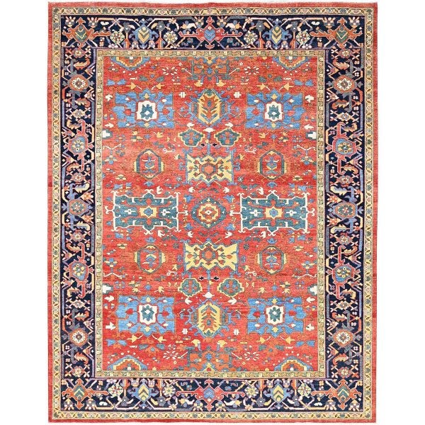 9'x11'6" Candy Red, Soft Wool, Dense Weave, Natural Dyes, Afghan Peshawar with Serapi Heriz Design, Hand Knotted, Oriental Rug HR85436