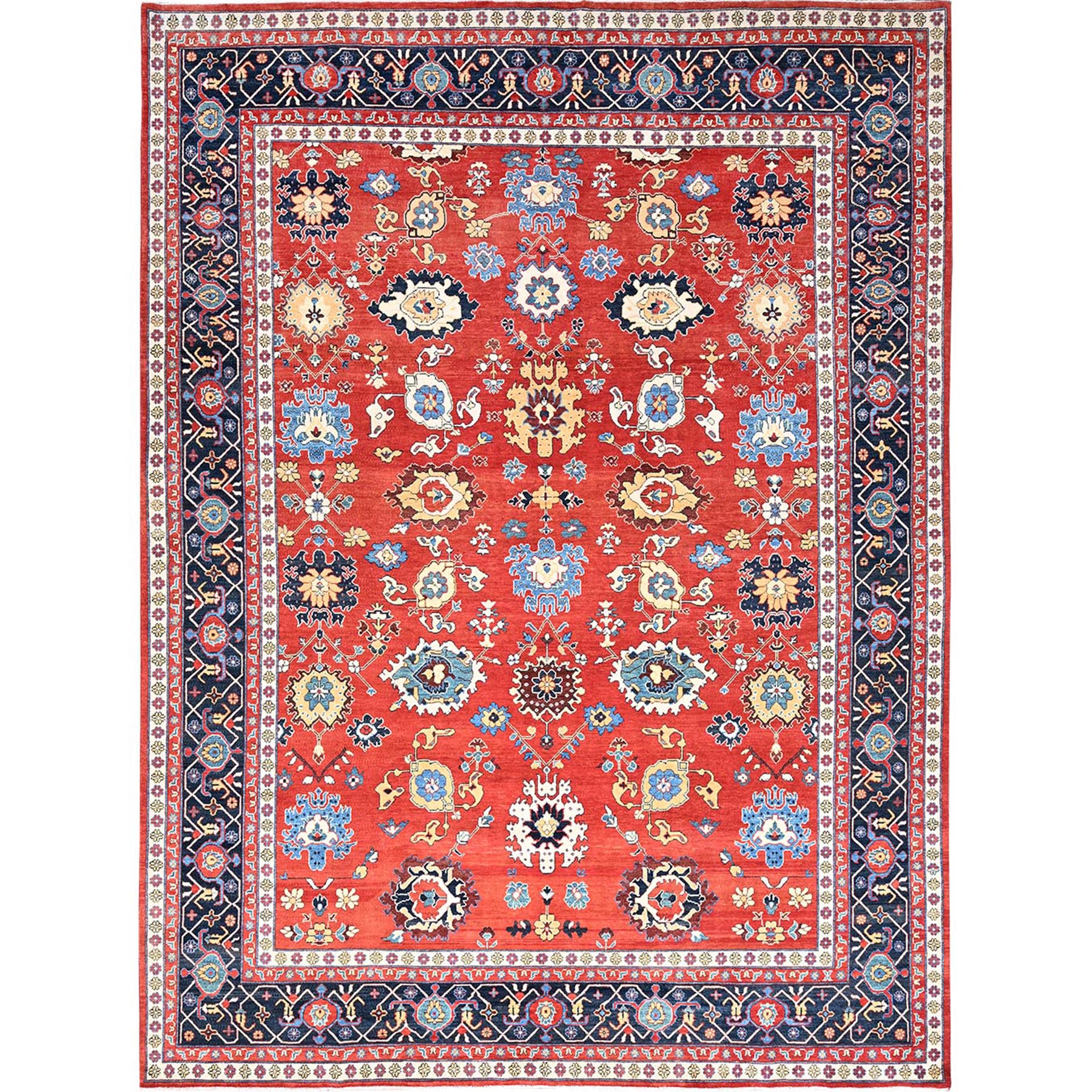 9'9"x13' Crimson Red, Afghan Peshawar with Serapi Heriz Design, Hand Knotted, Pure Wool, Natural Dyes, Dense Weave, Oriental Rug HR85440