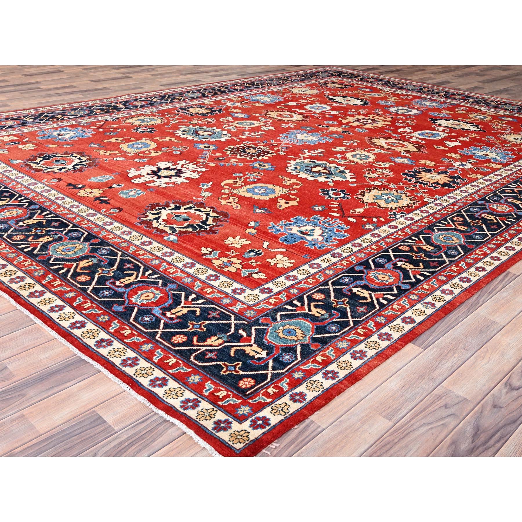 9'9"x13' Crimson Red, Afghan Peshawar with Serapi Heriz Design, Hand Knotted, Pure Wool, Natural Dyes, Dense Weave, Oriental Rug HR85440 - Image 3