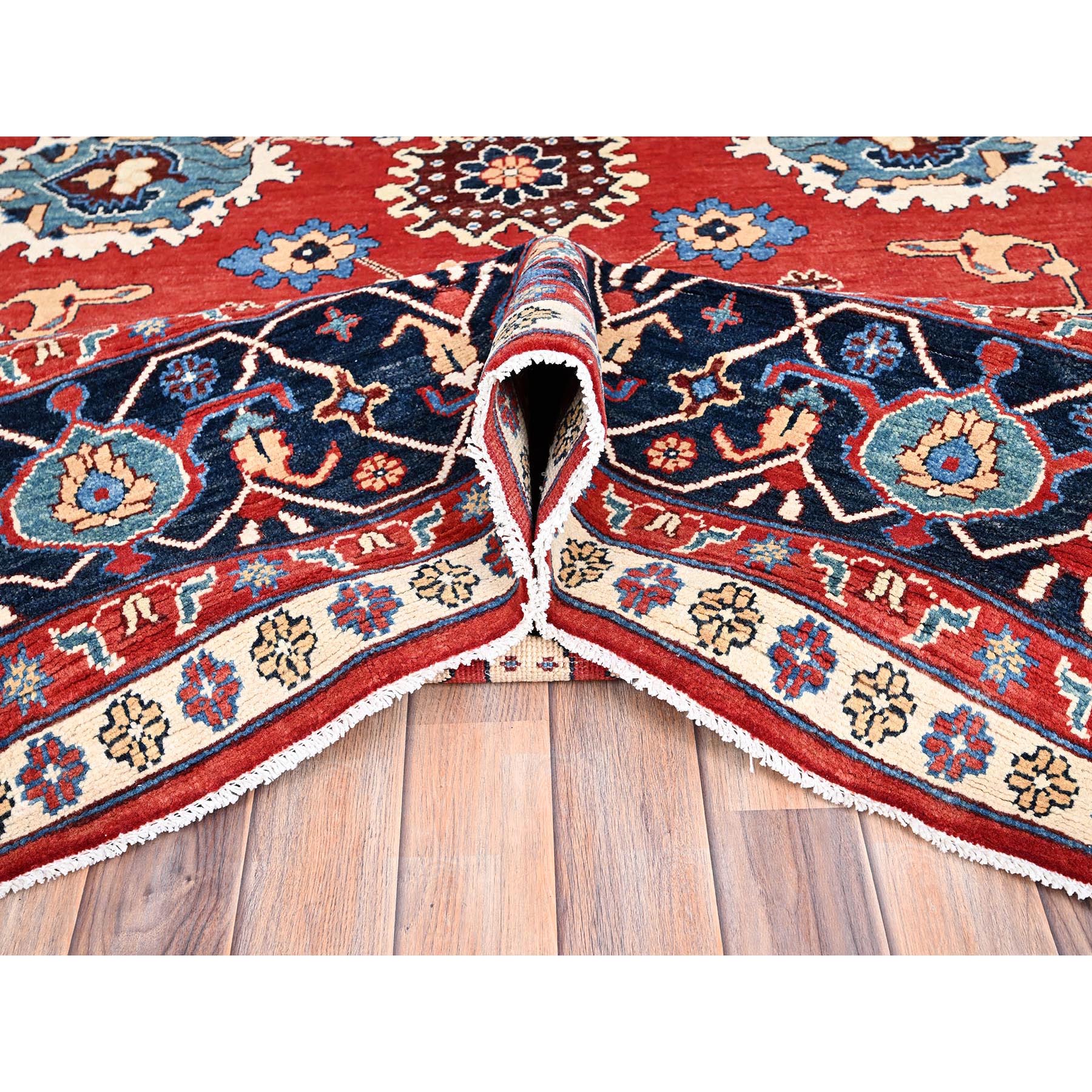 9'9"x13' Crimson Red, Afghan Peshawar with Serapi Heriz Design, Hand Knotted, Pure Wool, Natural Dyes, Dense Weave, Oriental Rug HR85440 - Image 5