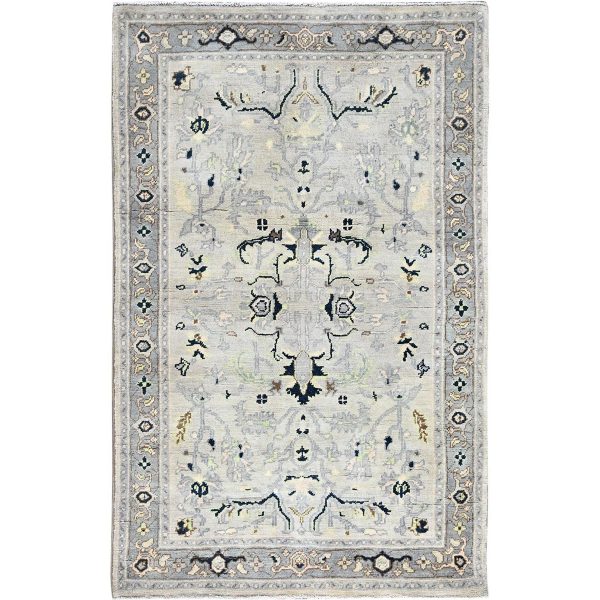3'1"x4'10" Marian Blue, Afghan Peshawar with Serapi Heriz Design, Dense Weave, Vegetable Dyes, Natural Wool, Hand Knotted, Oriental Rug HR85509