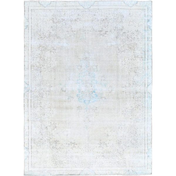 7'2"x9'10" Alabaster White, Natural Wool, Hand Knotted, Vintage Persian Kerman, Washed Out, Evenly Worn, Cleaned with Sides and Edges Professionally Secured, Oriental Rug HR85529