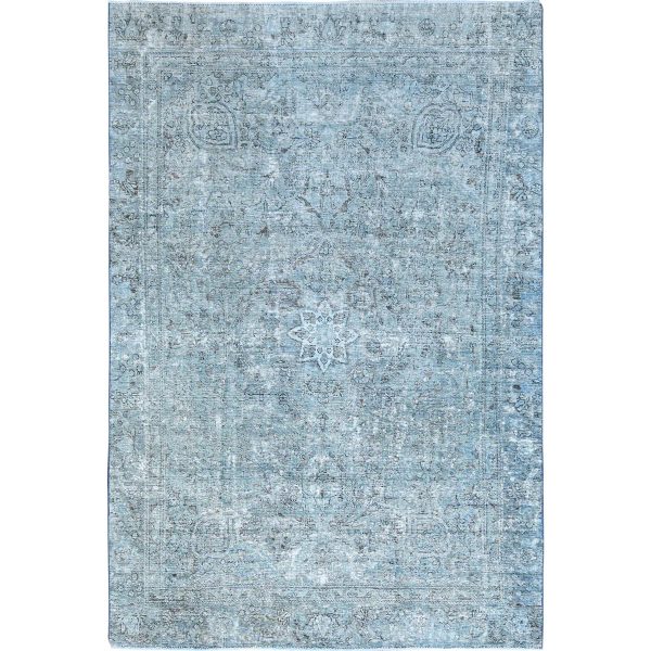 7'1"x10'7" Medium Turquoise, Pure Wool, Hand Knotted, Vintage Persian Tabriz with Faded Design, Shaved Down, Distressed Feel, Oriental Rug HR85540