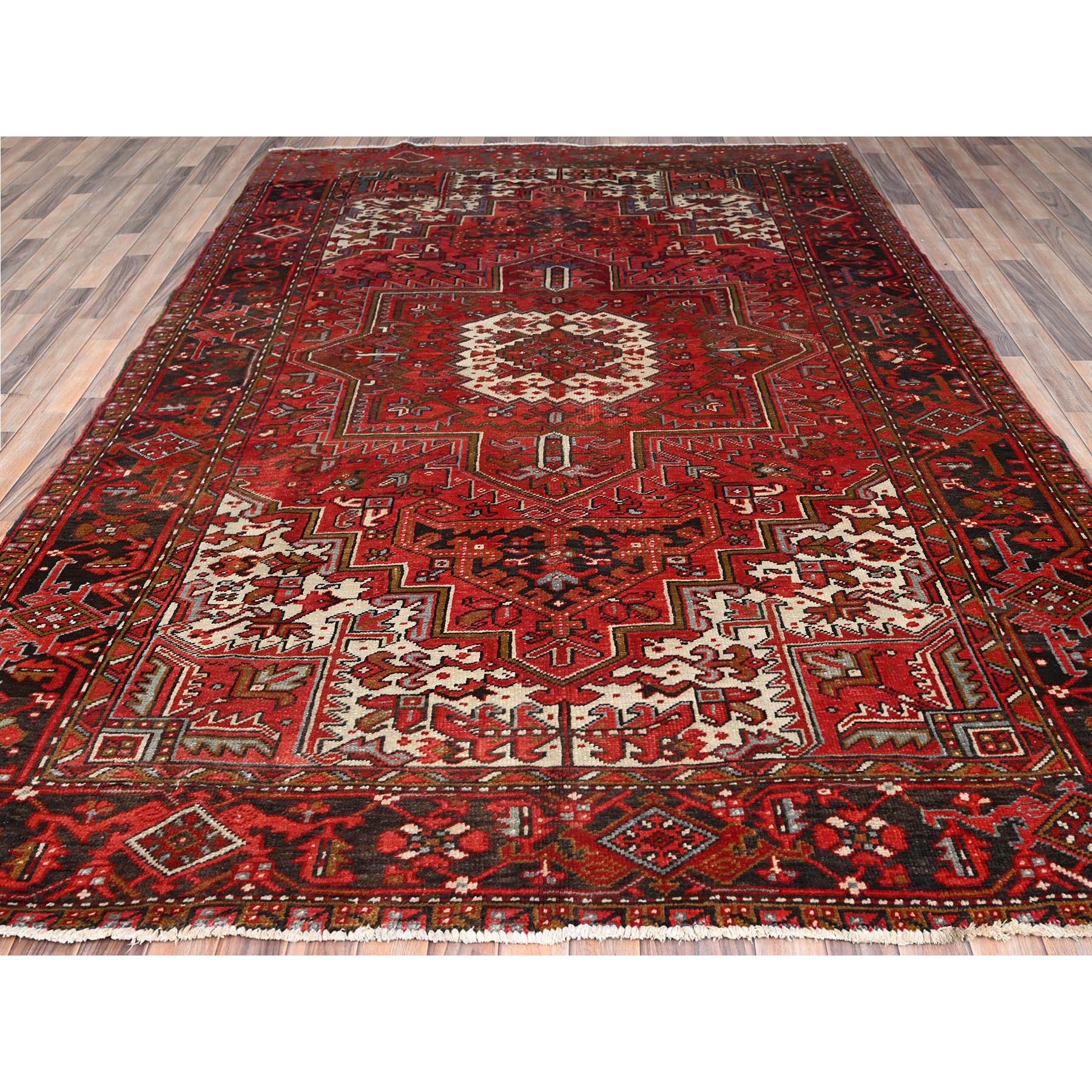 7'5"x10'2" Fire Brick Red, Vintage Persian Heriz with Village Motif, Good Condition, Distressed Look, Pure Wool, Hand Knotted, Oriental Rug HR85570 - Image 3