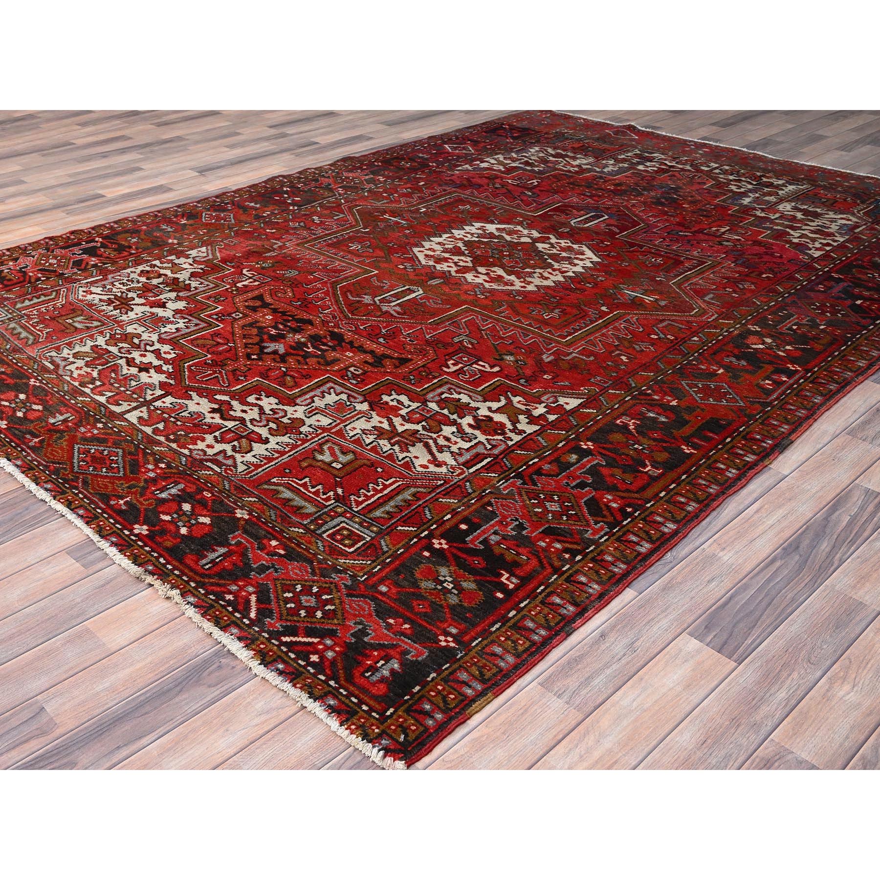 7'5"x10'2" Fire Brick Red, Vintage Persian Heriz with Village Motif, Good Condition, Distressed Look, Pure Wool, Hand Knotted, Oriental Rug HR85570 - Image 4