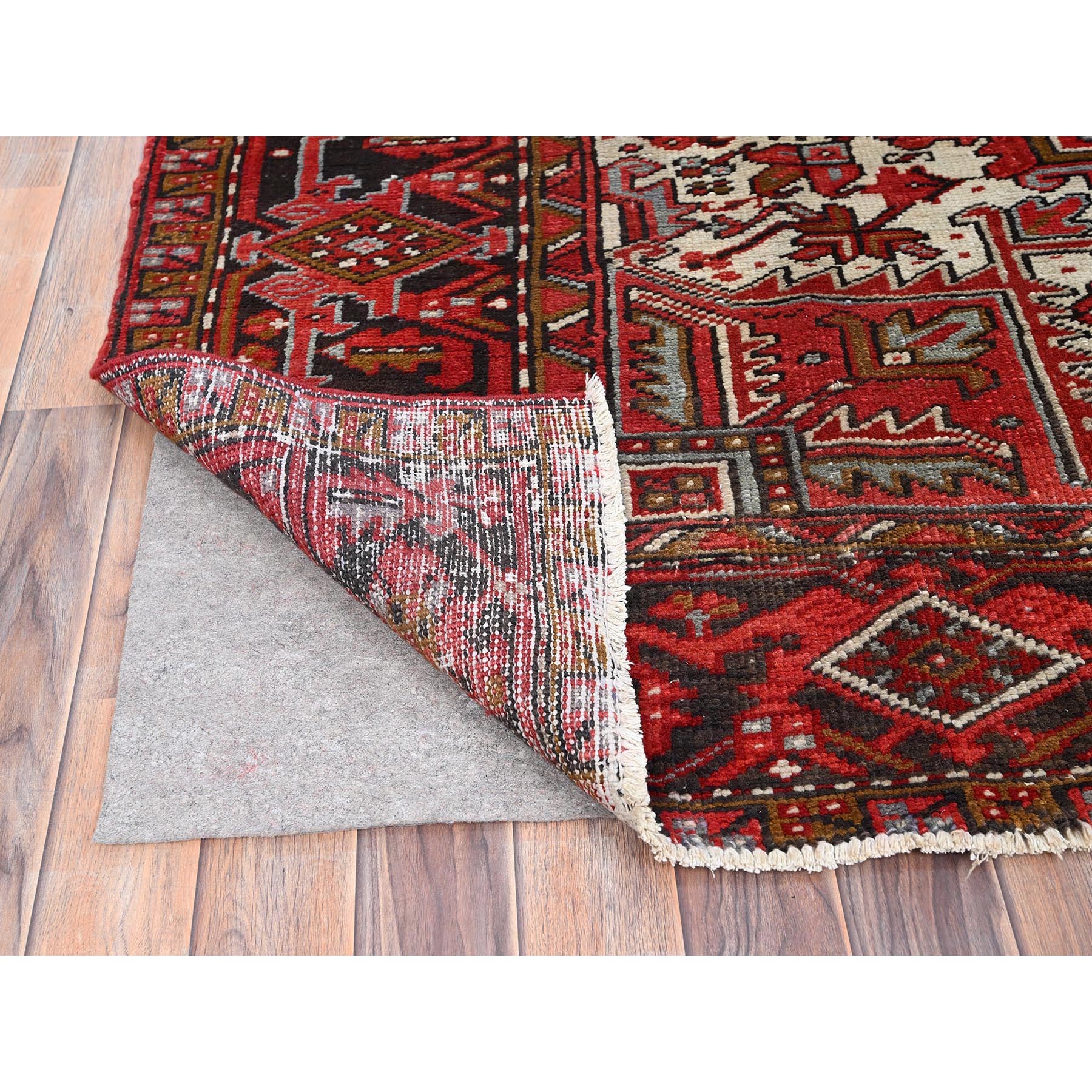 7'5"x10'2" Fire Brick Red, Vintage Persian Heriz with Village Motif, Good Condition, Distressed Look, Pure Wool, Hand Knotted, Oriental Rug HR85570 - Image 5