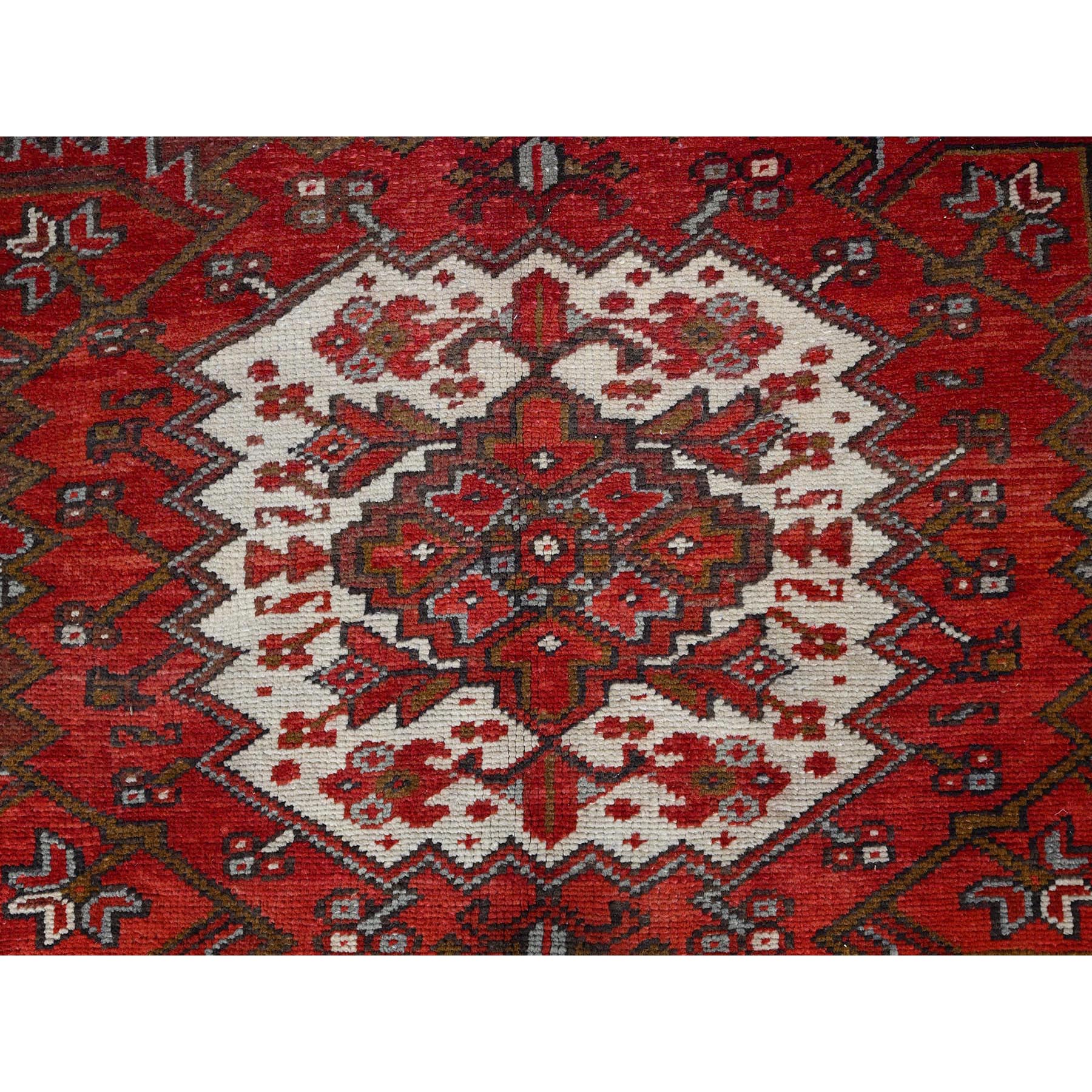 7'5"x10'2" Fire Brick Red, Vintage Persian Heriz with Village Motif, Good Condition, Distressed Look, Pure Wool, Hand Knotted, Oriental Rug HR85570 - Image 9
