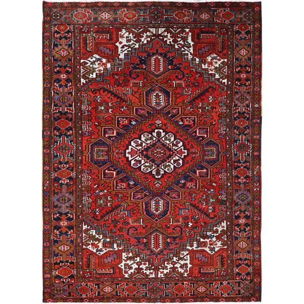 7'9"x11' Raspberry Red, Worn Wool, Hand Knotted, Semi Antique Persian Heriz with Geometric Pattern, Good Condition, Rustic Feel, Oriental Rug HR85577