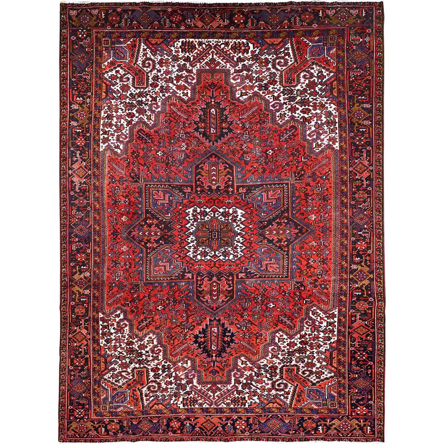 10'x13'2" Fire Brick Red, Pure Wool, Hand Knotted, Semi Antique Persian Heriz with Village Motif, Good Condition, Distressed Look, Oriental Rug HR85578