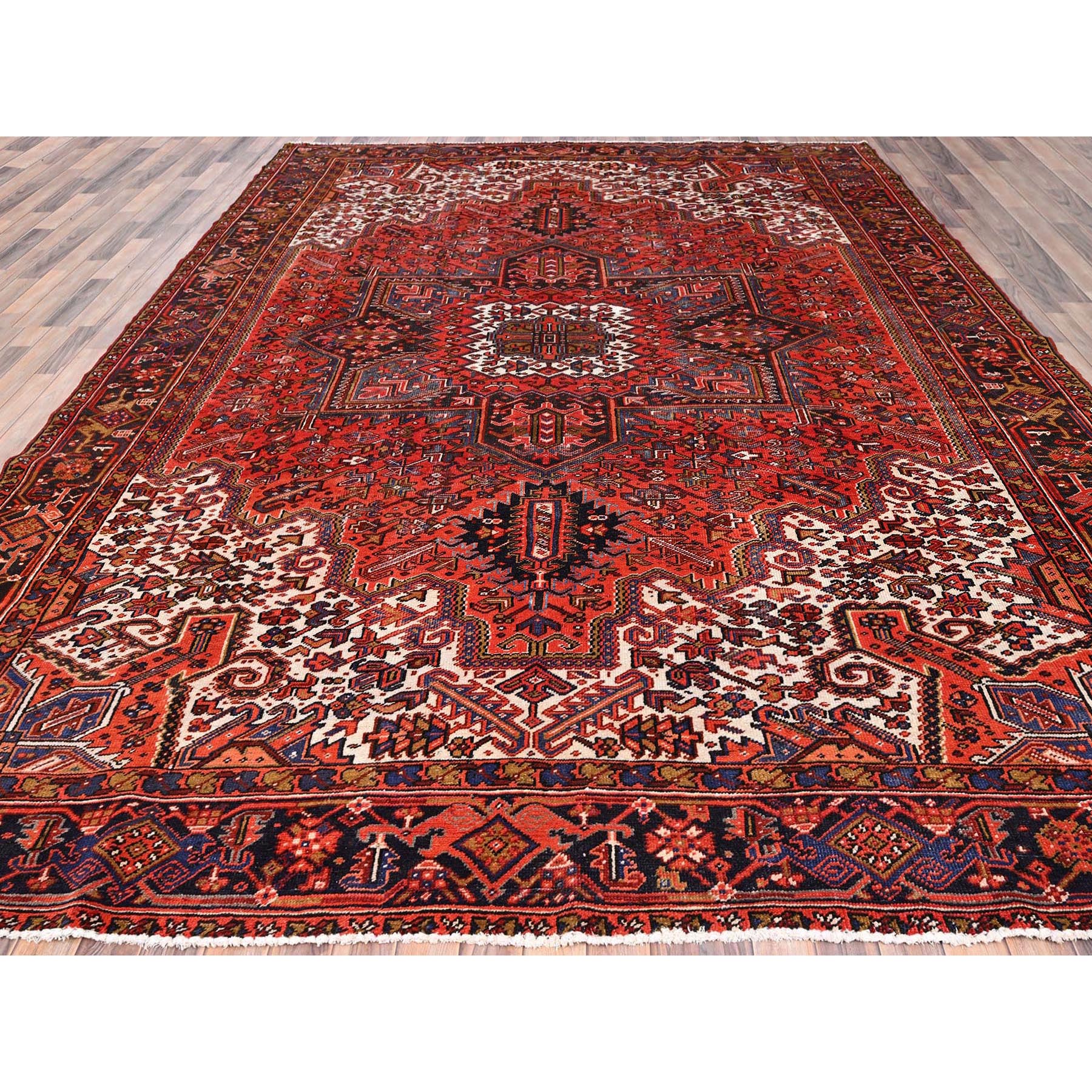 10'x13'2" Fire Brick Red, Pure Wool, Hand Knotted, Semi Antique Persian Heriz with Village Motif, Good Condition, Distressed Look, Oriental Rug HR85578 - Image 3
