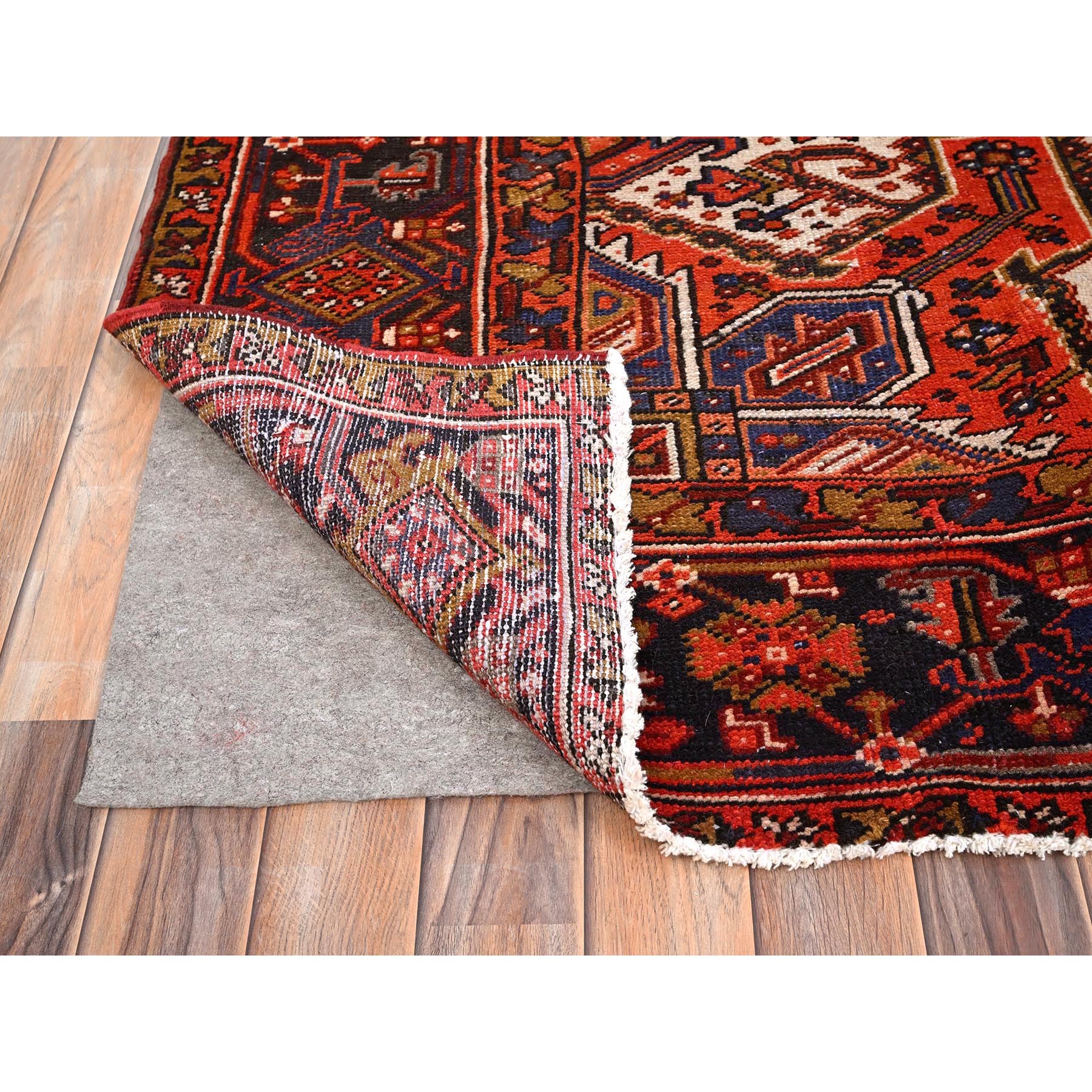 10'x13'2" Fire Brick Red, Pure Wool, Hand Knotted, Semi Antique Persian Heriz with Village Motif, Good Condition, Distressed Look, Oriental Rug HR85578 - Image 5