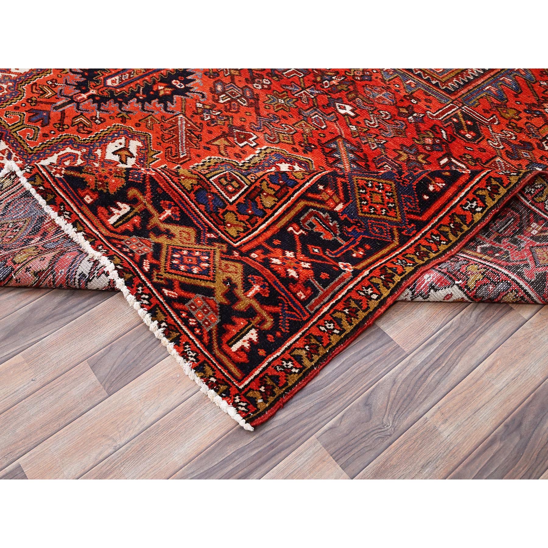 10'x13'2" Fire Brick Red, Pure Wool, Hand Knotted, Semi Antique Persian Heriz with Village Motif, Good Condition, Distressed Look, Oriental Rug HR85578 - Image 7