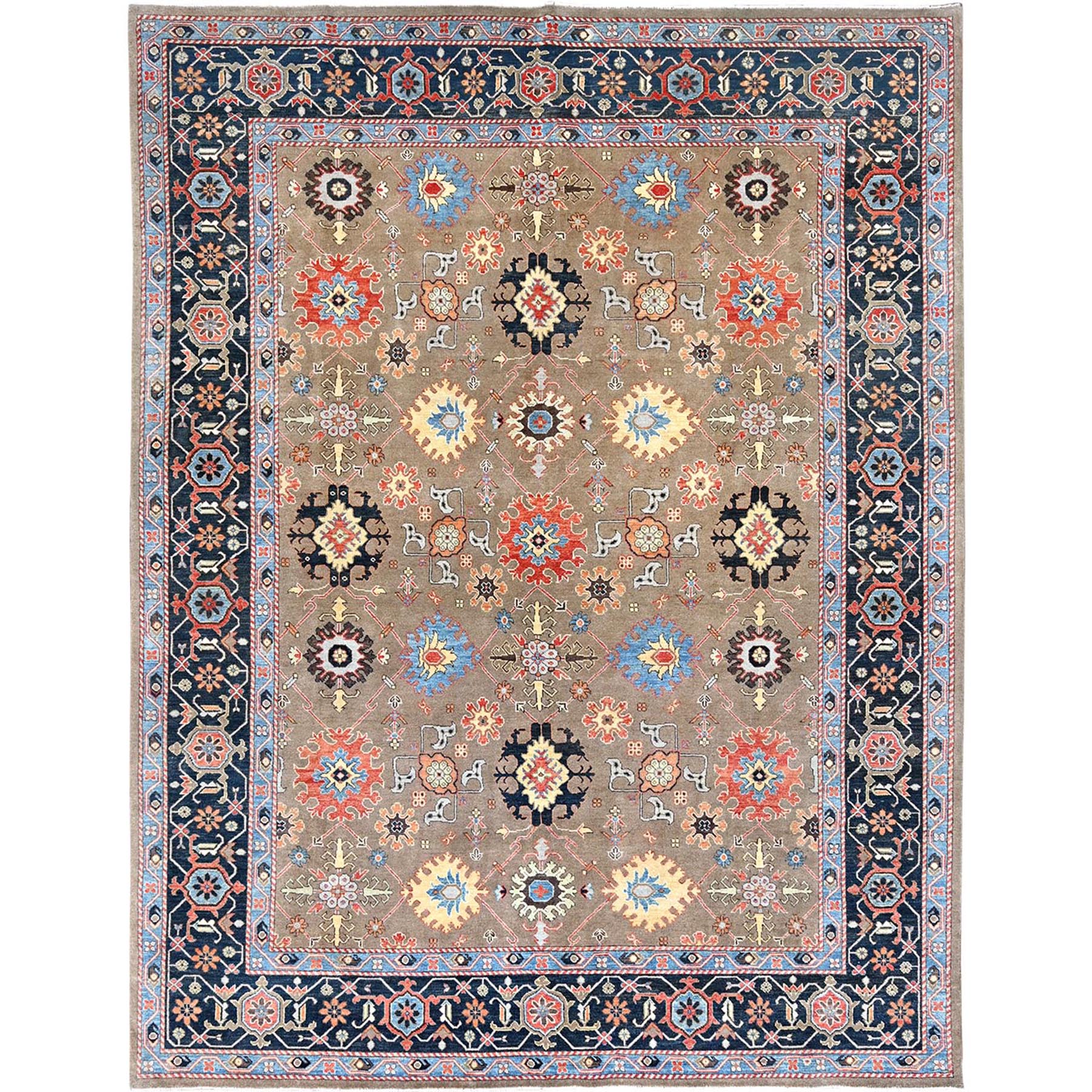 9'x11'9" Tortilla Brown, Natural Dyes, Natural Wool, Hand Knotted, Dense Weave, Afghan Peshawar with Serapi Heriz Design, Oriental Rug HR85634