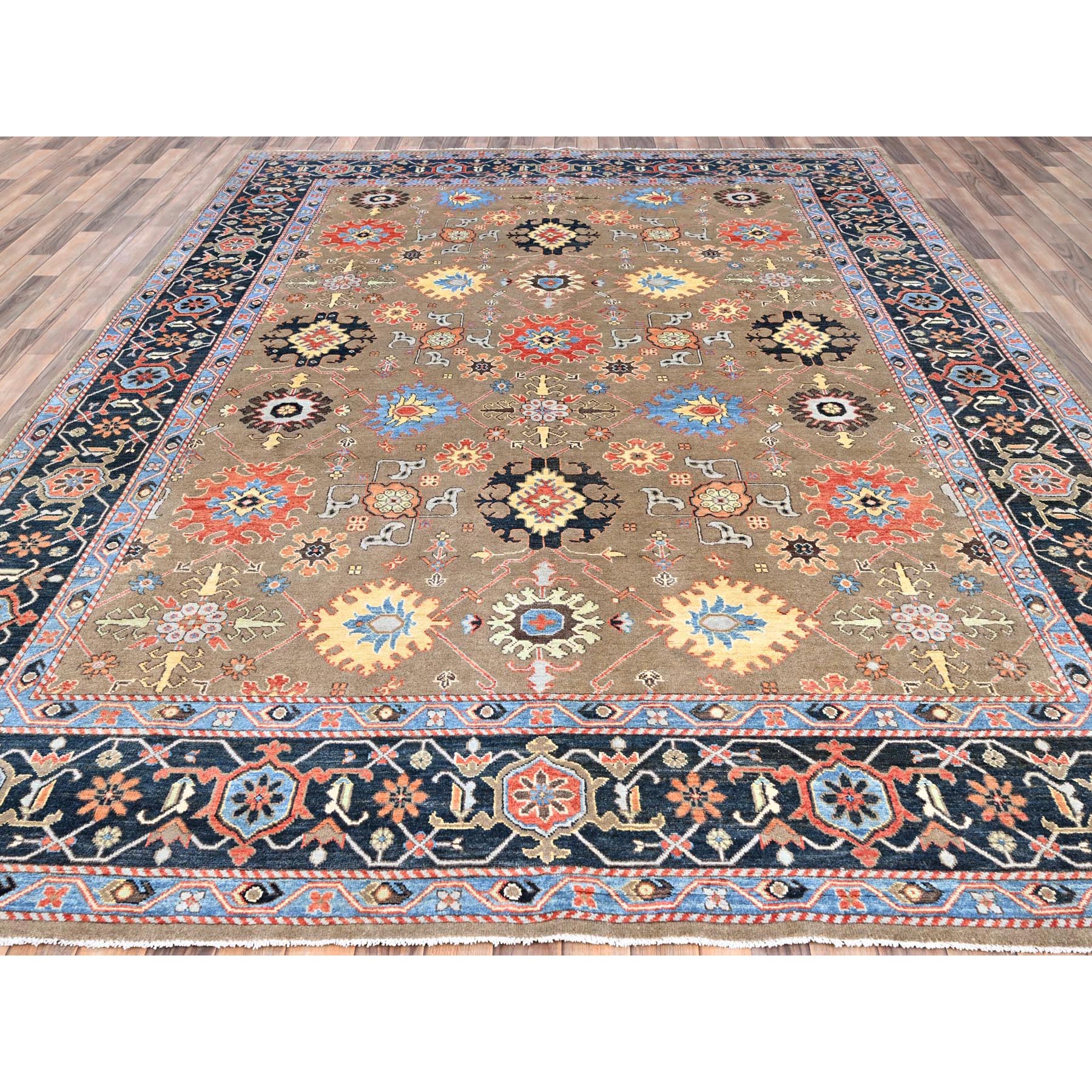 9'x11'9" Tortilla Brown, Natural Dyes, Natural Wool, Hand Knotted, Dense Weave, Afghan Peshawar with Serapi Heriz Design, Oriental Rug HR85634 - Image 3