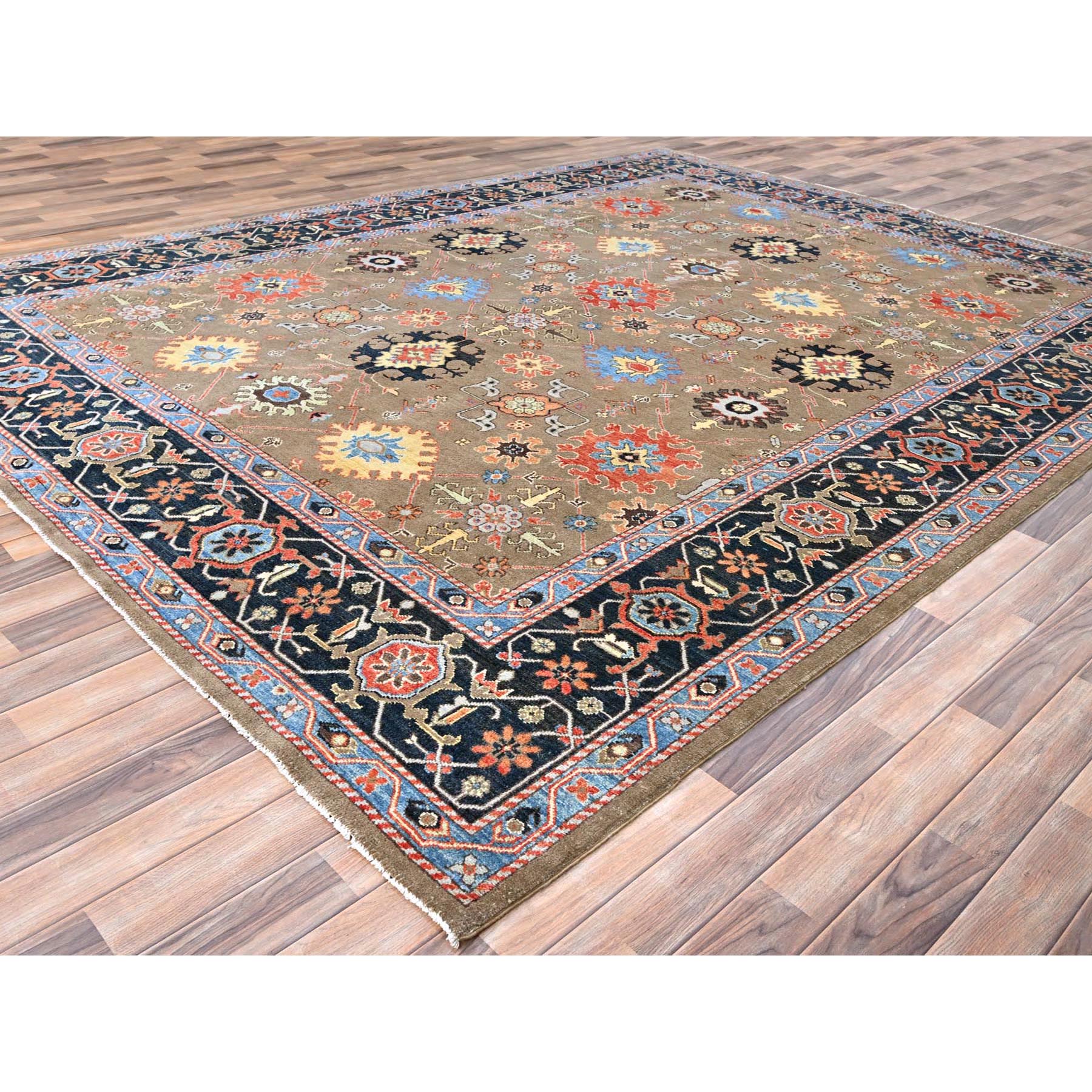 9'x11'9" Tortilla Brown, Natural Dyes, Natural Wool, Hand Knotted, Dense Weave, Afghan Peshawar with Serapi Heriz Design, Oriental Rug HR85634 - Image 4