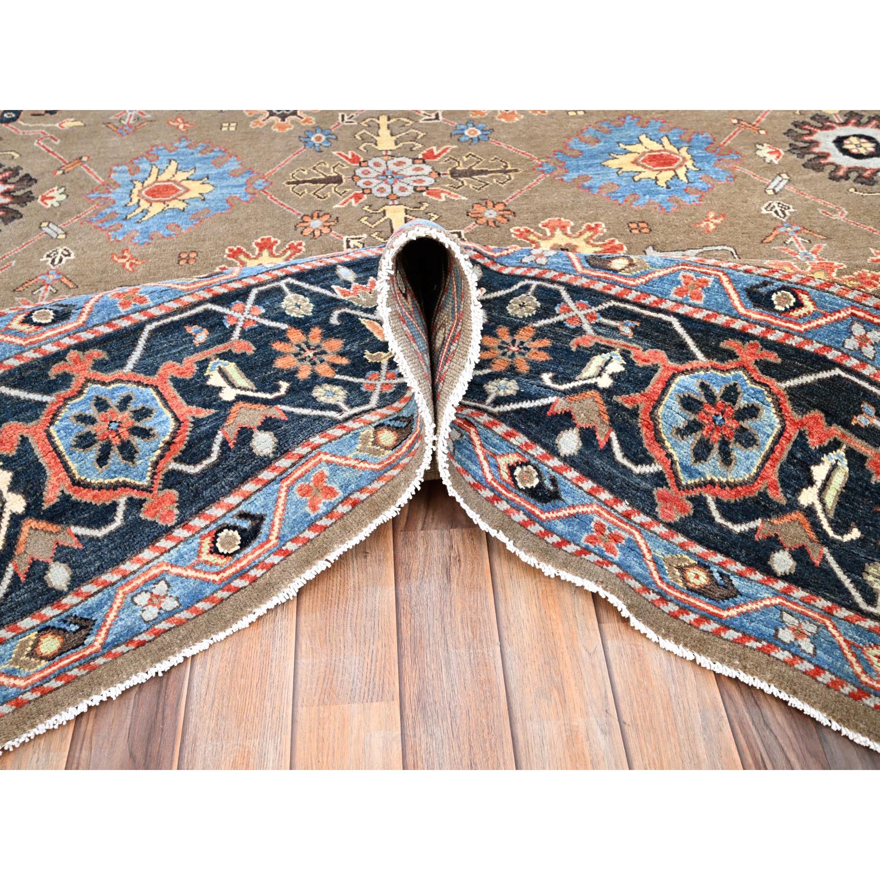 9'x11'9" Tortilla Brown, Natural Dyes, Natural Wool, Hand Knotted, Dense Weave, Afghan Peshawar with Serapi Heriz Design, Oriental Rug HR85634 - Image 6
