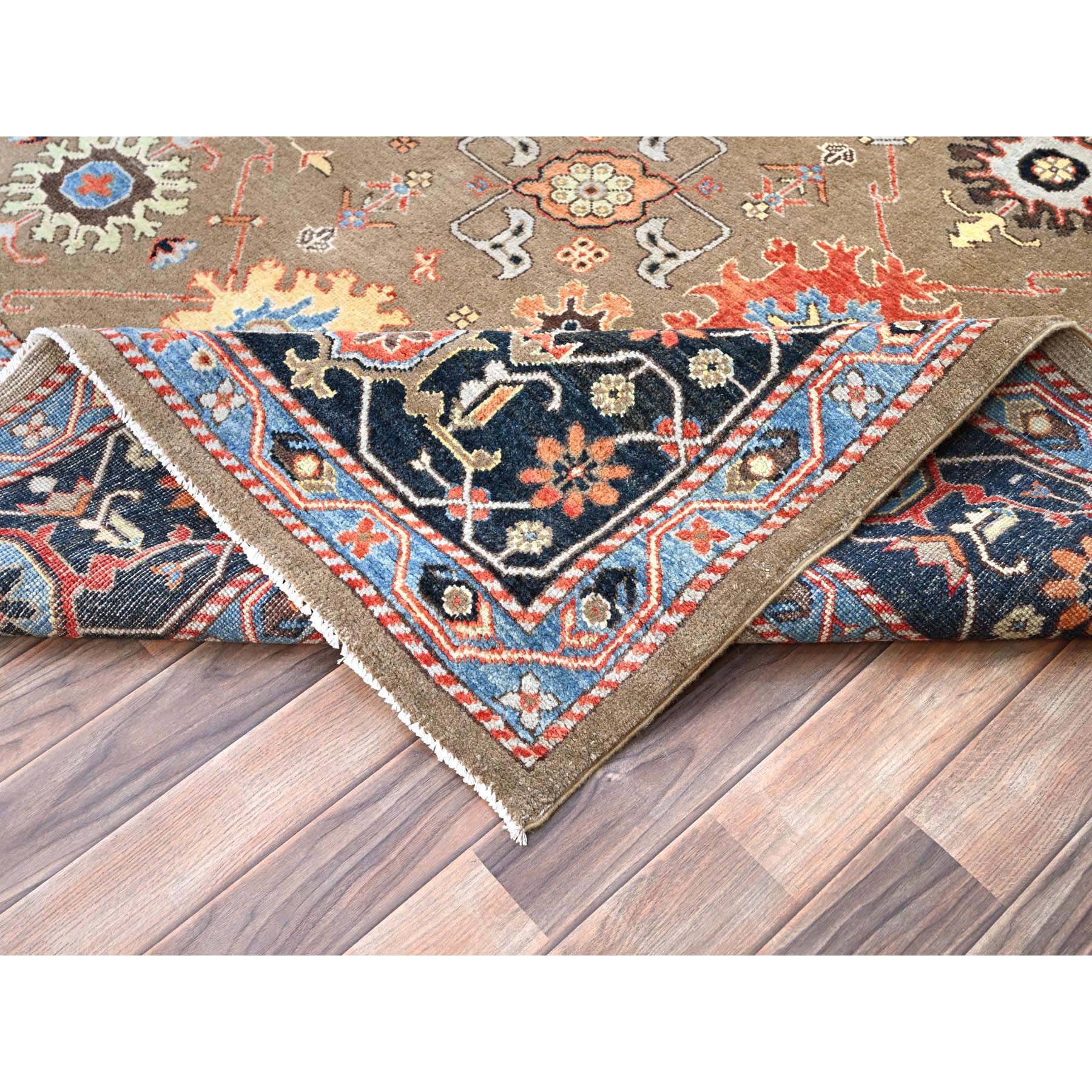 9'x11'9" Tortilla Brown, Natural Dyes, Natural Wool, Hand Knotted, Dense Weave, Afghan Peshawar with Serapi Heriz Design, Oriental Rug HR85634 - Image 7