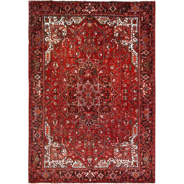 7'7"x11' Chili Red, Rustic Look, Worn Wool, Hand Knotted, Semi Antique Persian Heriz with Tribal Ambience, Good Condition, Oriental Rug HR85659