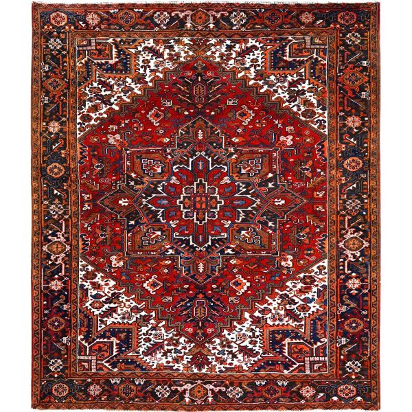 7'5"x8'10" Chili Red, Good Condition, Rustic Feel, Worn Wool, Hand Knotted, Vintage Persian Heriz, Village Motif, Oriental Rug HR85681