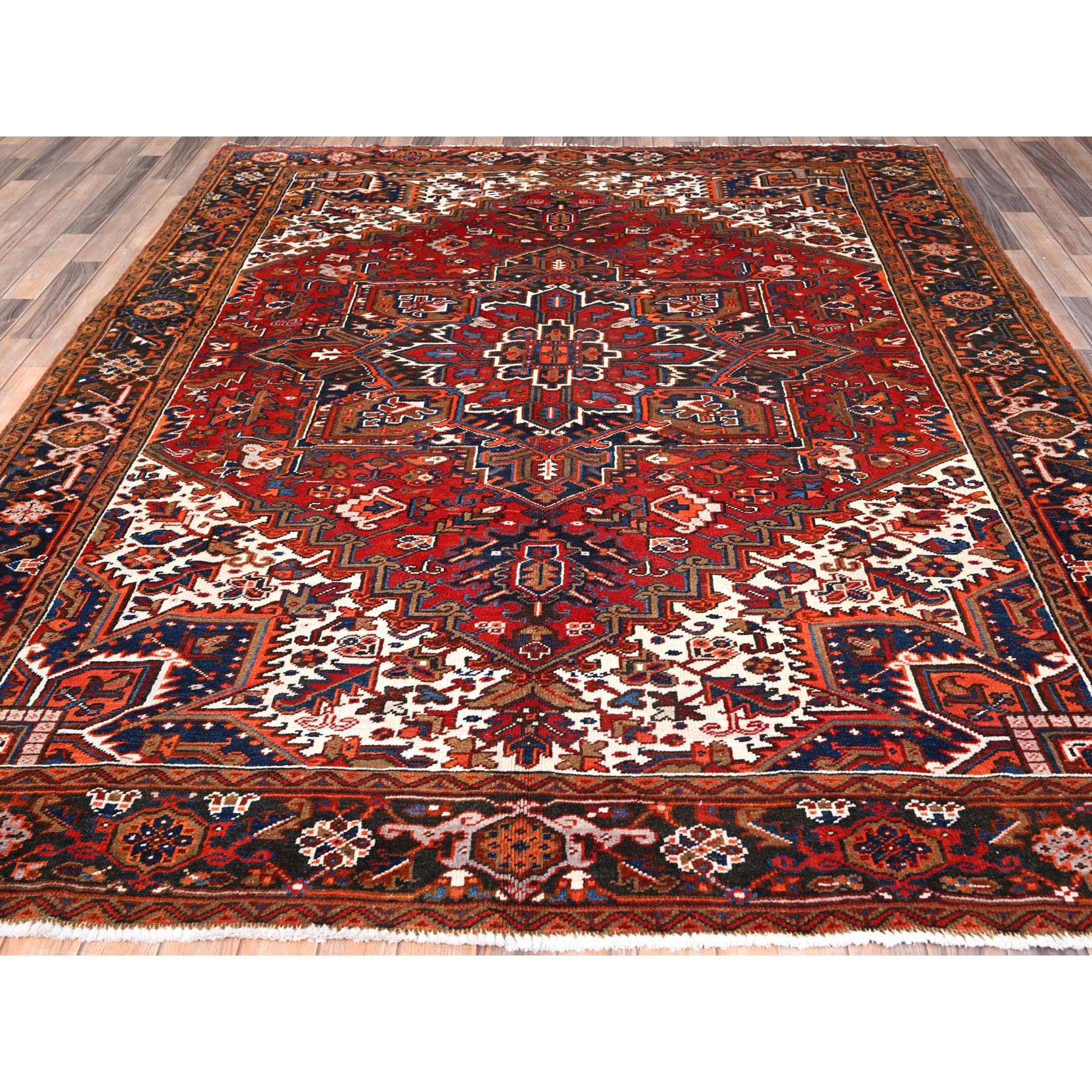 7'5"x8'10" Chili Red, Good Condition, Rustic Feel, Worn Wool, Hand Knotted, Vintage Persian Heriz, Village Motif, Oriental Rug HR85681 - Image 3